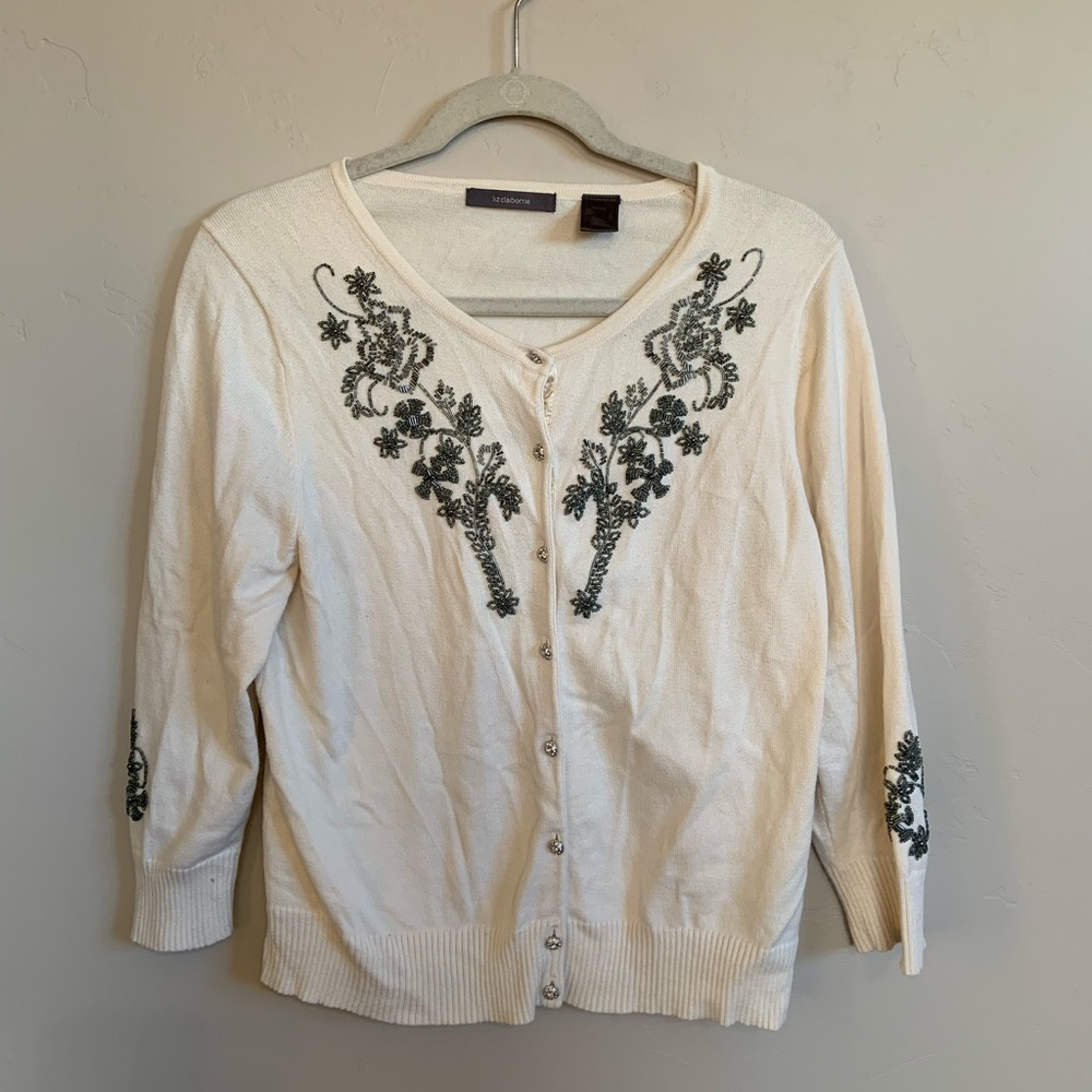 Cream Beaded Floral Embellished Embroidered Button Up Cardigan Liz Claiborne